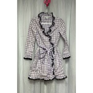 VTG 60s/70s Purple Gingham Wrap Dress Black Lace Ruffles Union Made USA S / M